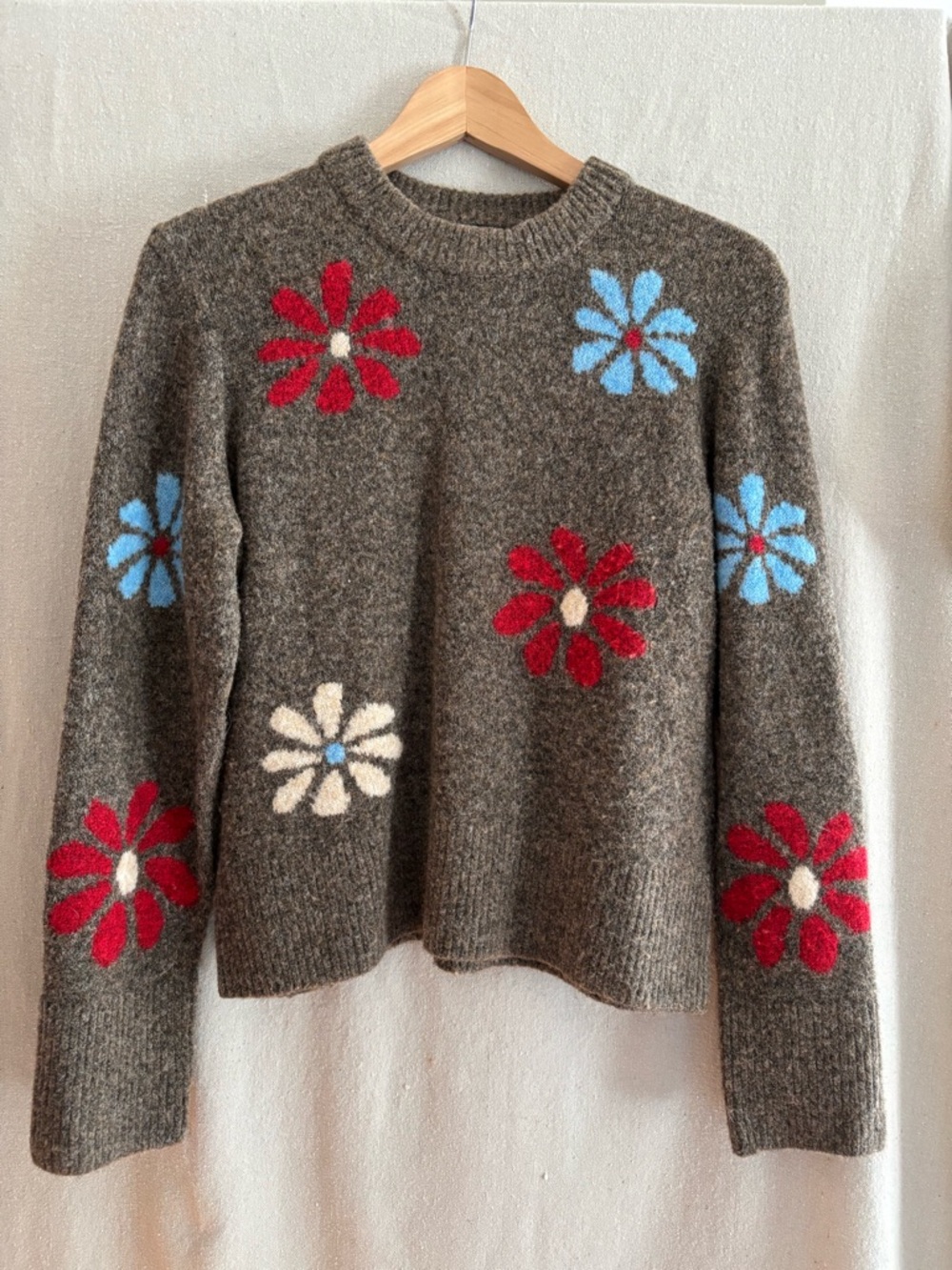 Rails Gray Crewneck Sweater with Red, Blue & Cream Floral Motif